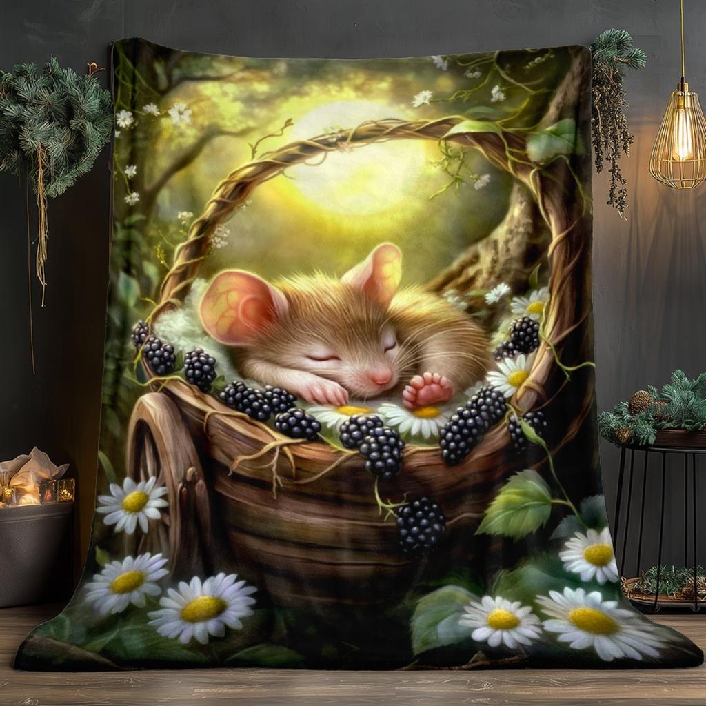 Custom Mouse Blanket Sleeping in Basket Berry Daisy Design Personalized Name Fleece Throw All Season Soft Warm Bedding Home Deco