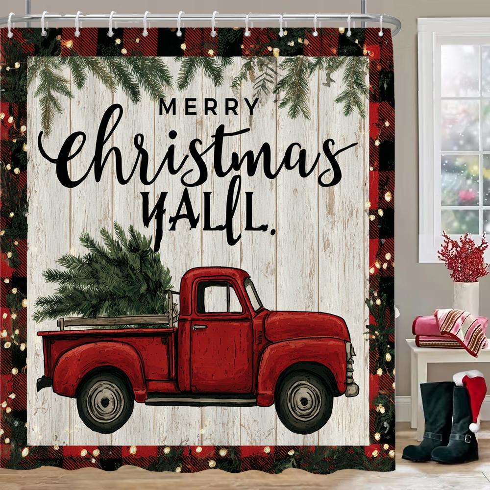 

Christmas Tree Printed Bathroom Shower Curtain Santa Claus Waterproof Fabric Bath Curtains Festival Home Decoration Curtain W60H190(CM)-1 Pcs