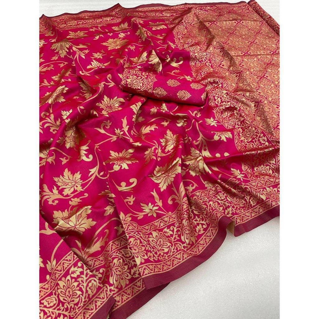 Silk Saree from the ALMAARI Store Is Adorned with Beautiful Zari Work In Form of Traditional Motifs.