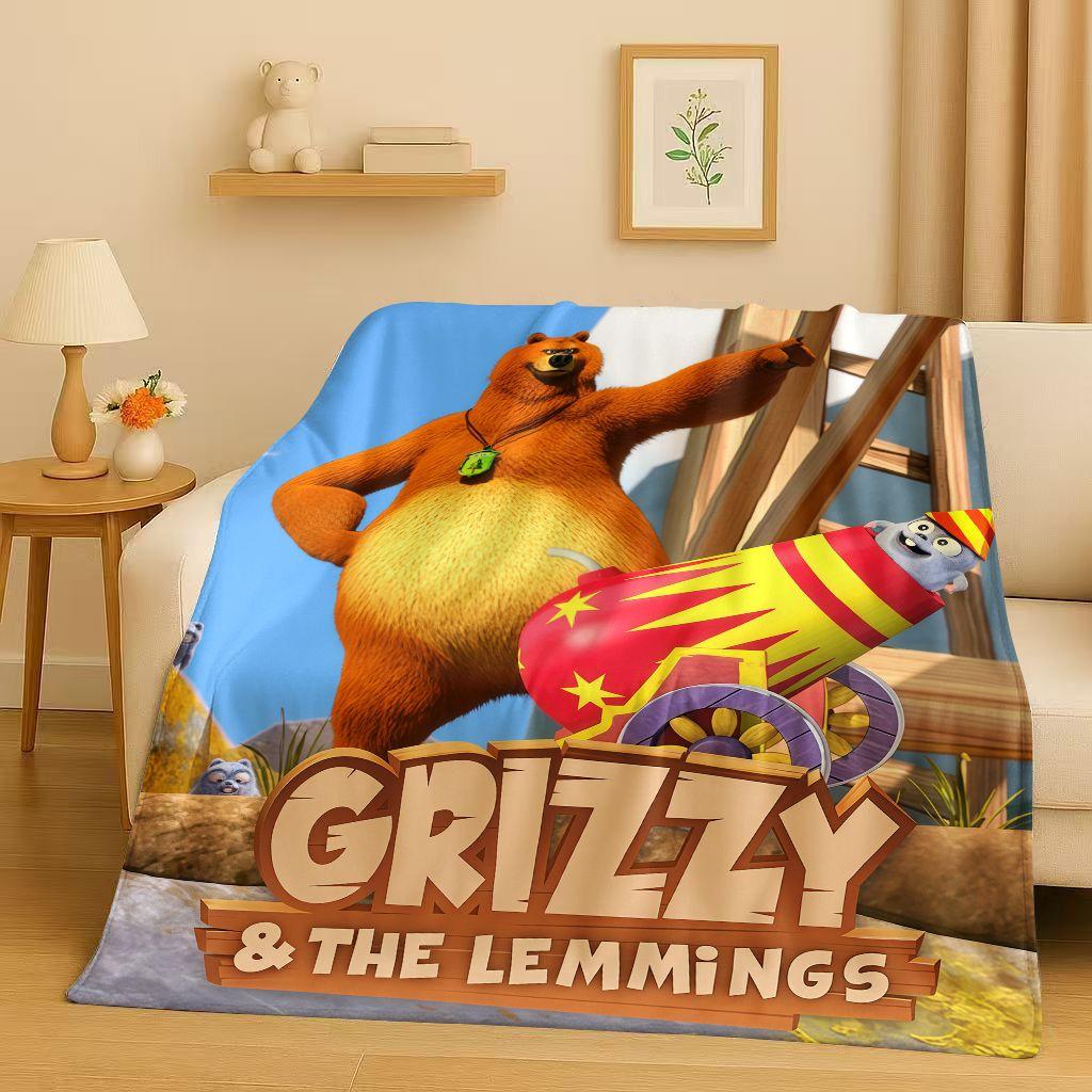 Kawaii Grizzy and The Lemmings Cartoon Flannel Blanket,Ultra Soft Warm Plush Throw for Home Bedroom Bed Sofa Cover Kids Gift