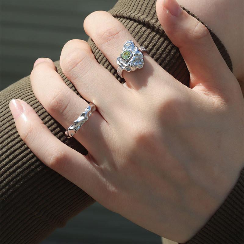 Adjustable Chic Open 925 Sterling Silver Ring With Sparkling Diamondlike Details And Contemporary Aesthetic