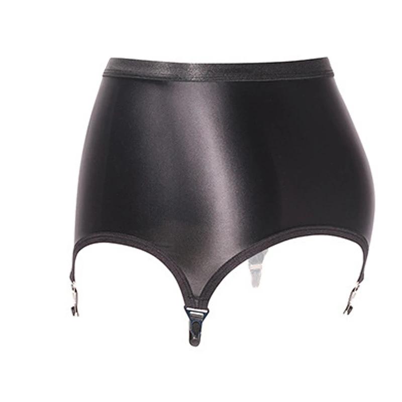 Lesklá latexová sukně na zadek s kovovými sponami Elastické podvazkové pásy Černé Sexy Dámské spodní prádlo s vysokým pasem pro punčochy Párty