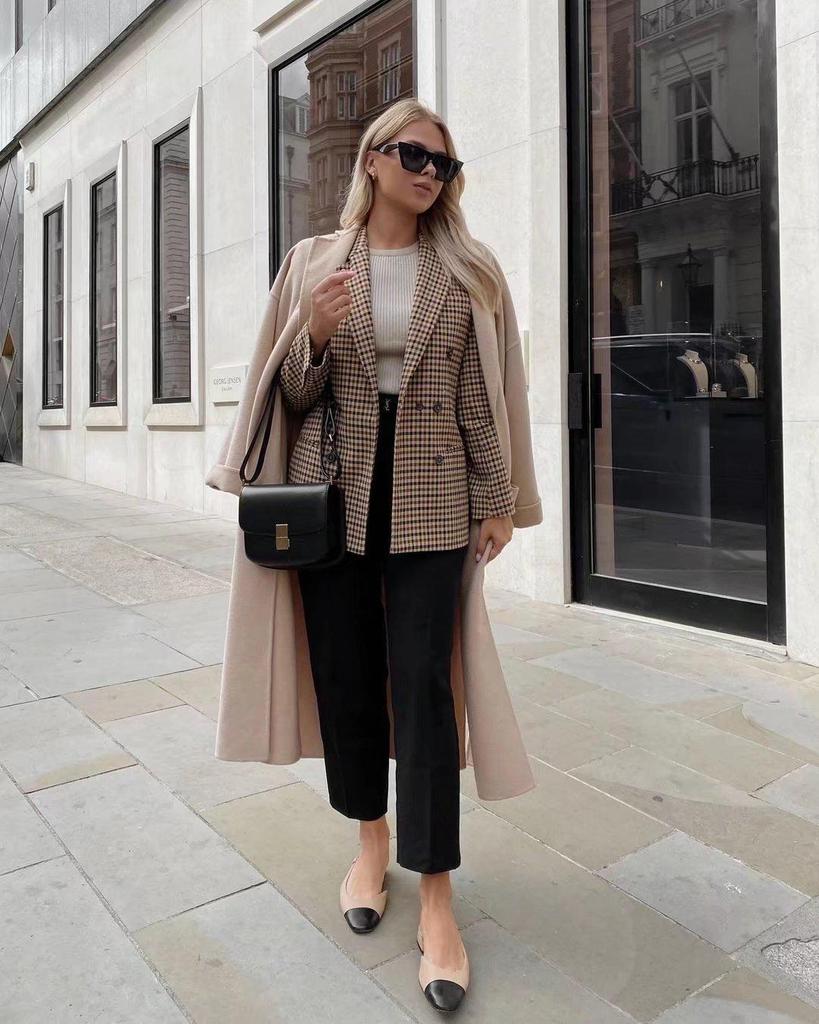 European & American Style Women's Plaid Double-Breasted Suit Jacket - Autumn 2024 Top 5 Colors