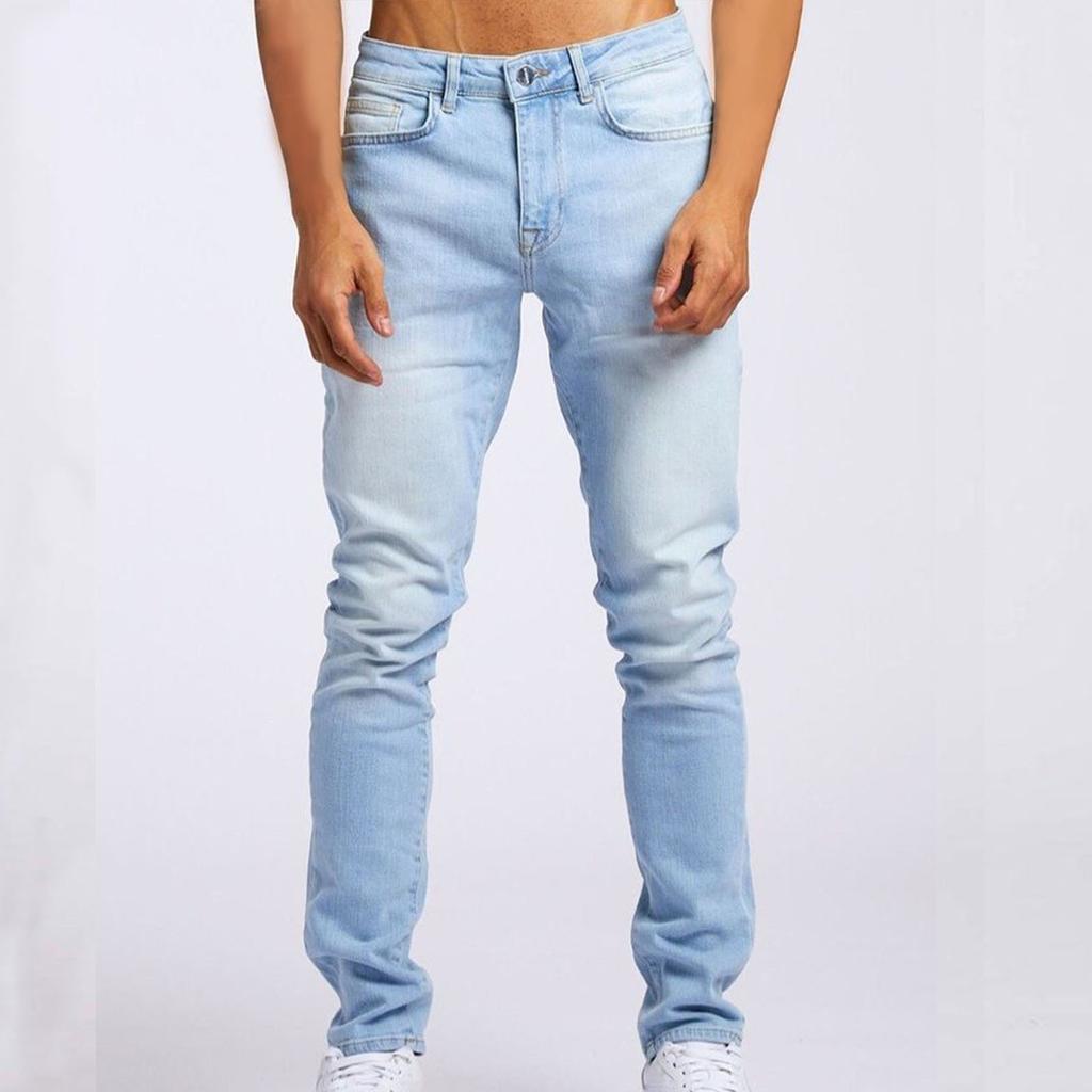 Men's Skinny Stretch Jeans Light Blue Fit Jean Men Slim Fit Button Straight Denim Trousers