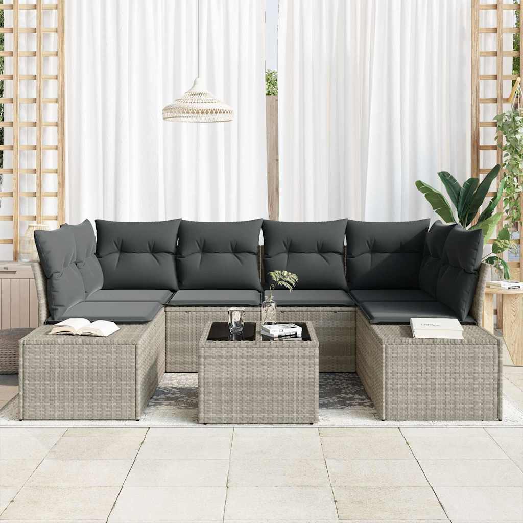 7 Piece Sofa Set with Cushions Light Grey Poly Rattan
