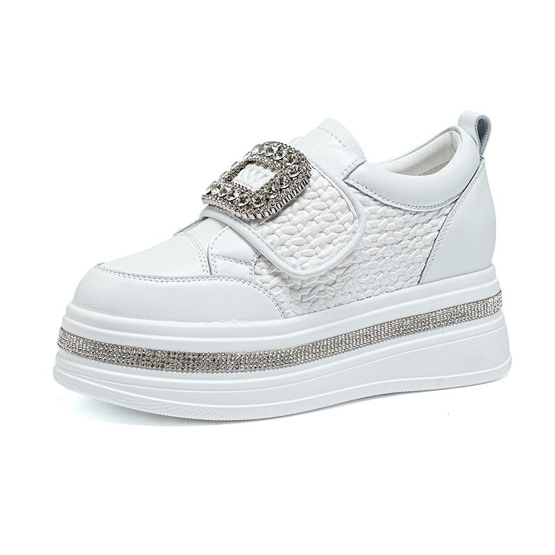 Women's 2025 Autumn White Rhinestone Casual Sneakers with Magic Tape and Petite Height-Boosting Thick Sole