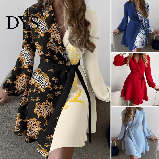 Slim Waist Dress Spring Fall Lady Women with Lace-up Tie Lapel V Neck Colorblock A-line Color Matching Coat Style Long Sleeves Commuting Business Mini