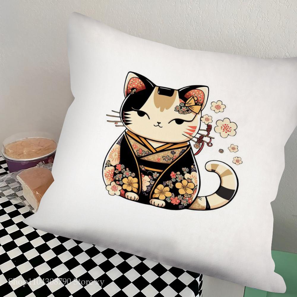 1pc Japanese Tattoo Samurai Cat Pillow Case Square Bedroom Sofa Leisure Comfort Cushion Car Living Room Home Decoration