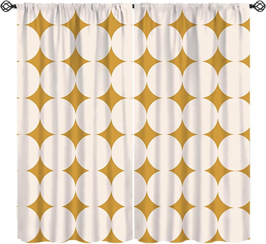Mid-Century Vorhang, Gelb Vintage Abstrakt Boho Fensterdekoration Moderne Geometrische Kreise Kreisförmig Klassisch Retro 50er Jahre Bauernhaus