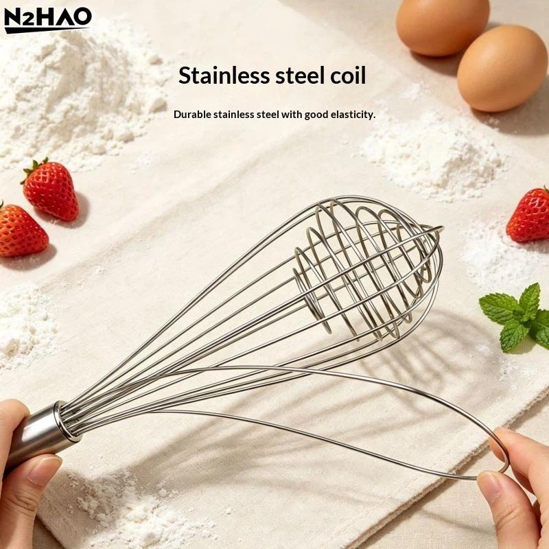 1PCS Stainless Steel Eggbeater Cream Mixer Spin Stirrer Egg Whisk Manual Wood Handle Knead Dough Rotary Eggbeater Stiring Stick