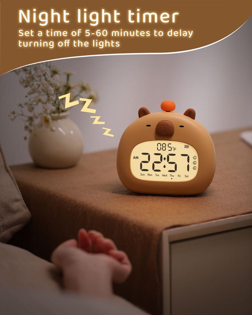 Capybara Alarm Clock With Night Light Timer Clock Cute Cartoon Multi-function Bedroom Kids Snooze Alarm Clock