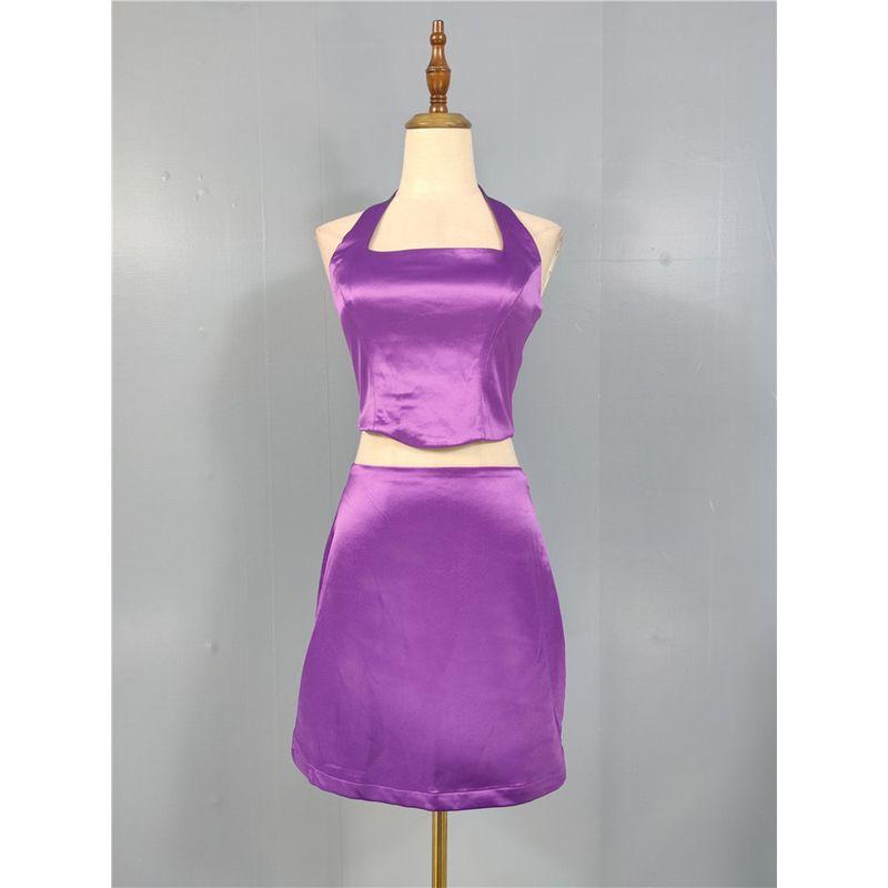 

Экспортный Однотонный Топ-халтер с высокой текстурой и открытой спиной, с квадратным вырезом + Юбка-футляр с высокой талией, Набор-двойка для светского чаепития Purple L