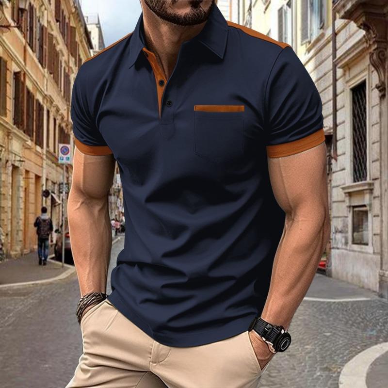 New cross-border men's casual POLO shirt chest pocket lapel button splicing color scheme versatile T-shirt