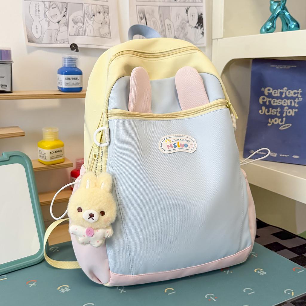 Schoolbag milk fufu color matching three-dimensional rabbit ear backpack soft cute girl holiday girlfriends travel fresh age reduction small backpack