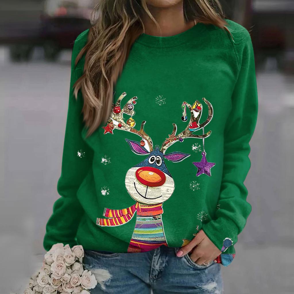 Blusa de algodón con cuello redondo para mujer, informal, con estampado de moda, manga larga, cuello redondo