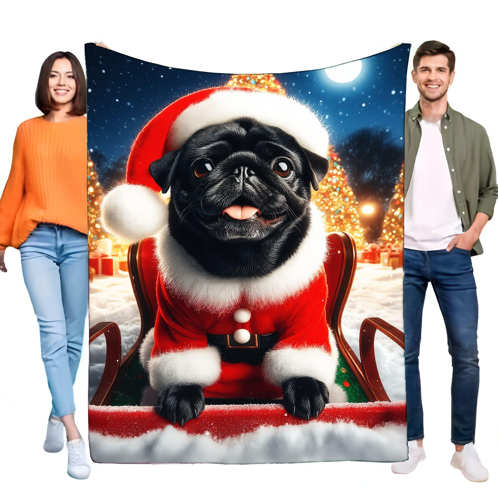 Cute Pug Dog Blanket Cozy Soft Fleece Throw Christmas Gift Pet Lover Decor Warm Lightweight Sofa Bed Cover 75X95CM