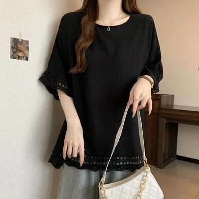 Women's Summer Lace Hollow Short Sleeve T-Shirt Medium Long Comfortable Casual Loose Top