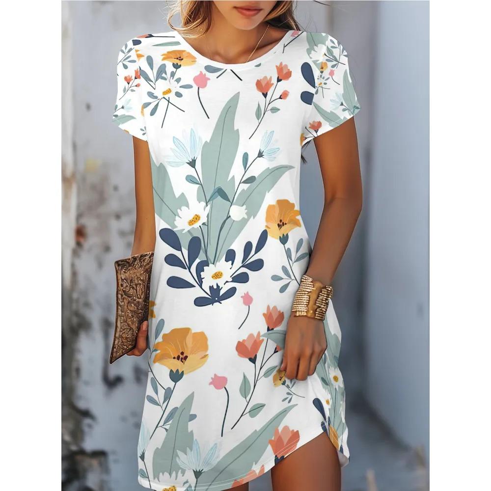 Blumen Retro Muster Damen Minikleider Sommer Kurzarm Bedruckt Große Größen Lässig Bequem Weiches Kleid