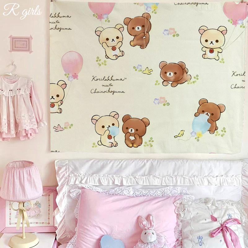 Cute Cartoon Bear Tapestry Pink Striped Wall Hanging for Kawaii Bedroom Decor Background Cloth