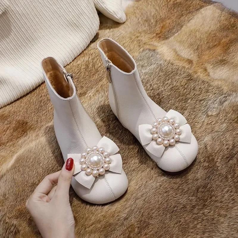 2024 New Girls Boots Bow with Flowers Chic Children Fashion Princess Short Boots for Party Wedding Shows Drop Shipping Simple
