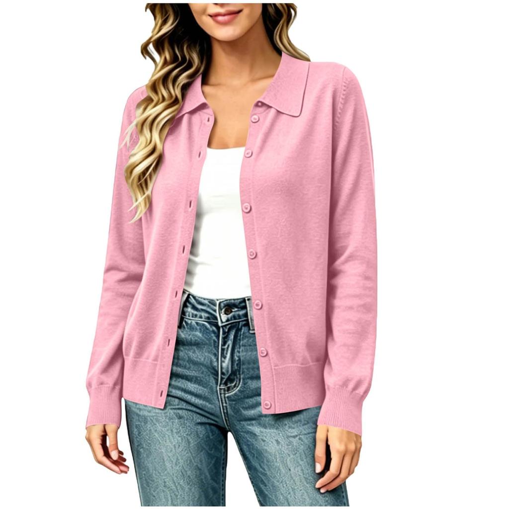 Women Lightweight Button Front Cardigan Sweater Long Sleeve Collared Knit Top Casual Layering Shirt Suitable for Various Outfits