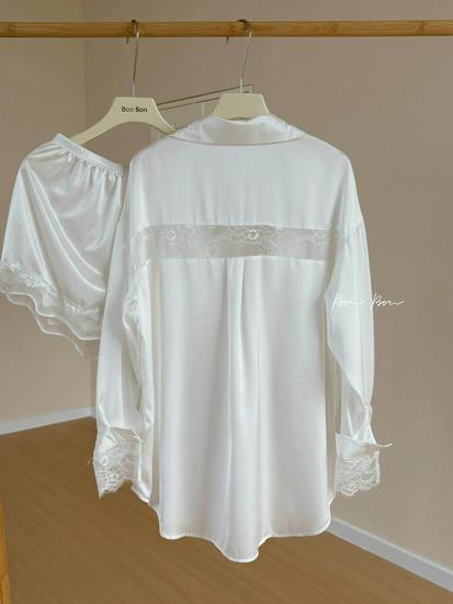 Übergröße Satinstoff Spitze Patchwork Boyfriend Pyjama Set