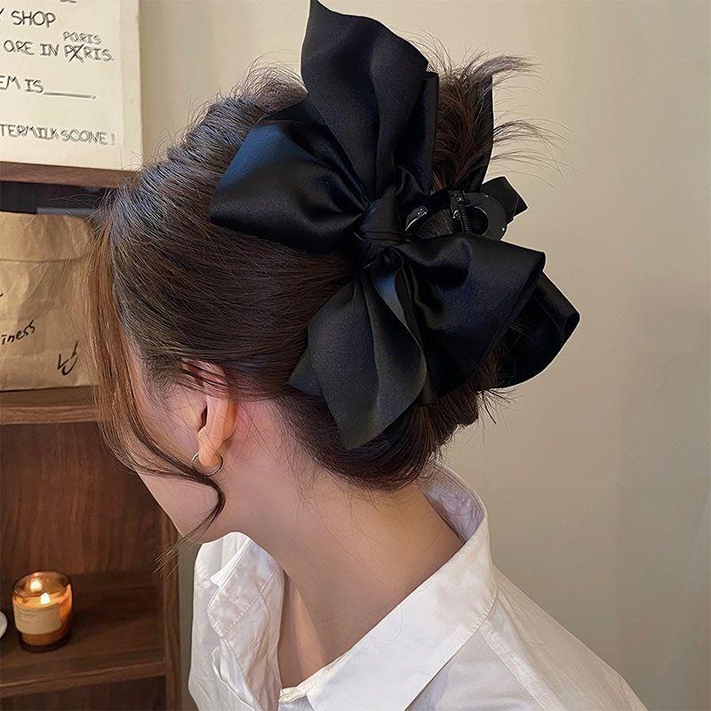 Oversized Black Satin Bow Clip High-End Hair Clip For Women'S Back Of The Head Shark Clip