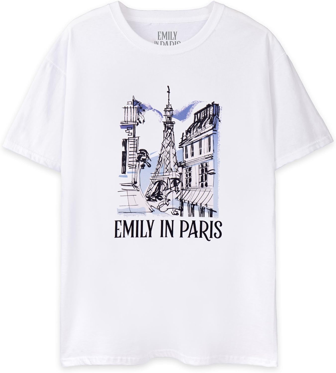 Emily in Paris Womens T-Shirt in White | Sketched Parisian Landscape Short Sleeve Graphic Tee | Netflix Series Merchandise S