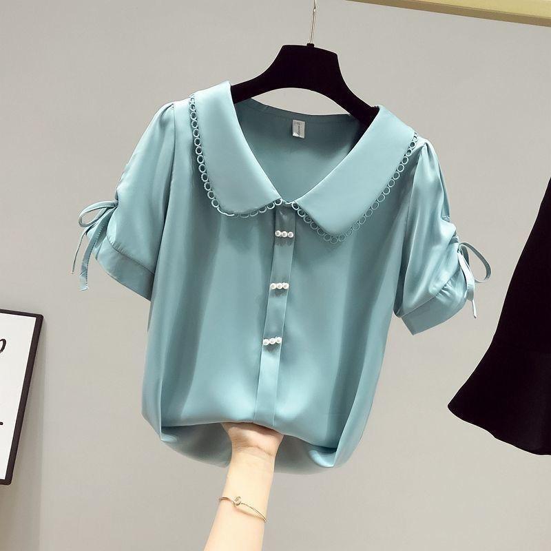 Women's Sweet White Peter Pan Collar Pearl Button Chiffon Blouse