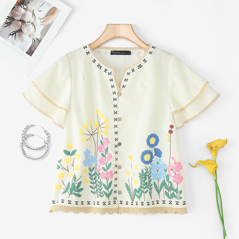 ZANZEA Women Summer V-Neck Casual Floral Print Short Sleeve Blouse