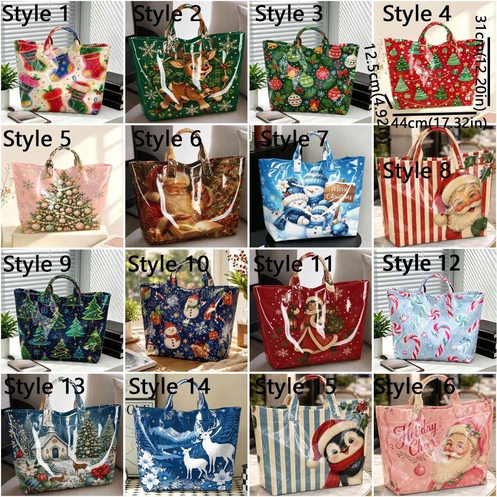 Large Capacity Christmas Print PVC Tote Bag Waterproof Christmas Hand Tote Commute Tote Bag Work
