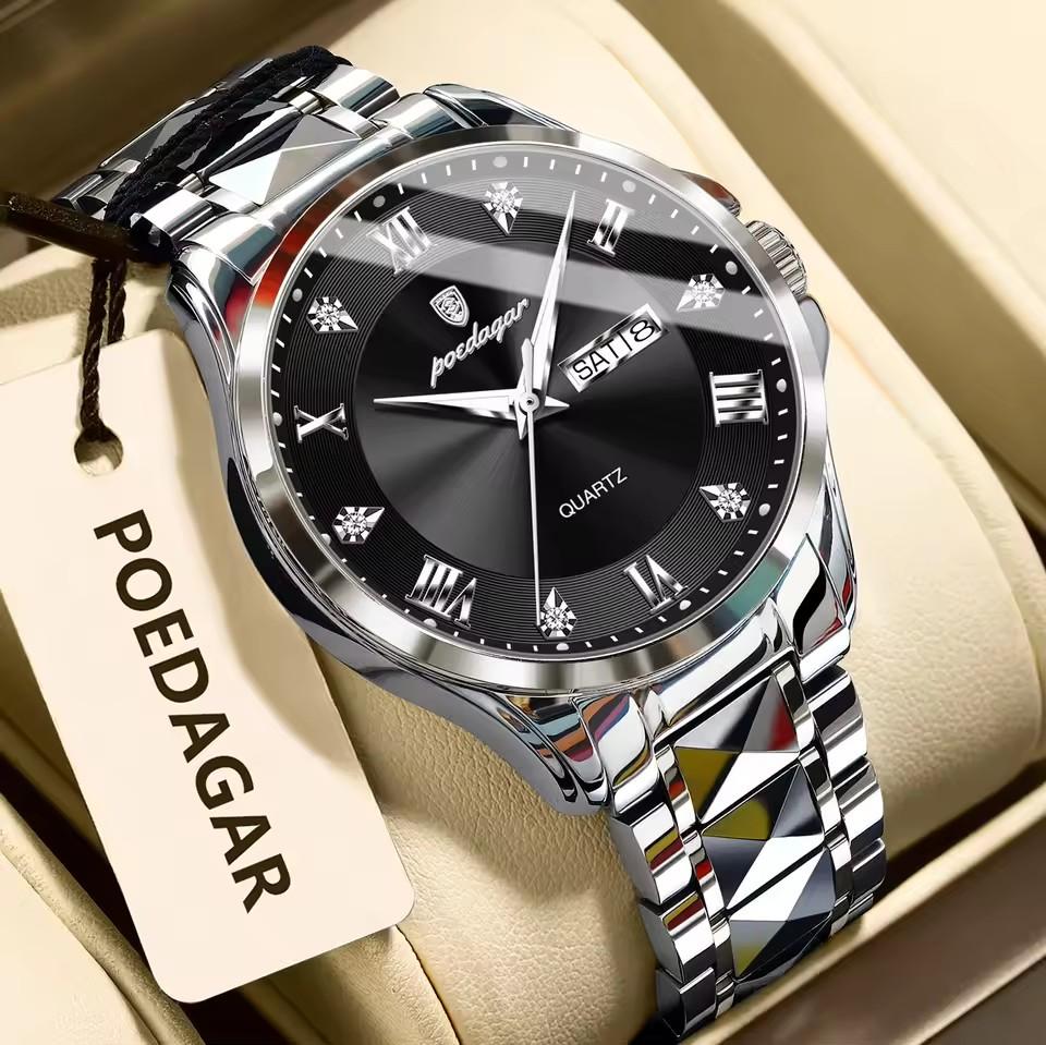 POEDAGAR Fashion Military Men Clock Waterproof Luminous Date Week Man Wristwatch Stainless Steel Quartz Watches Male Reloj