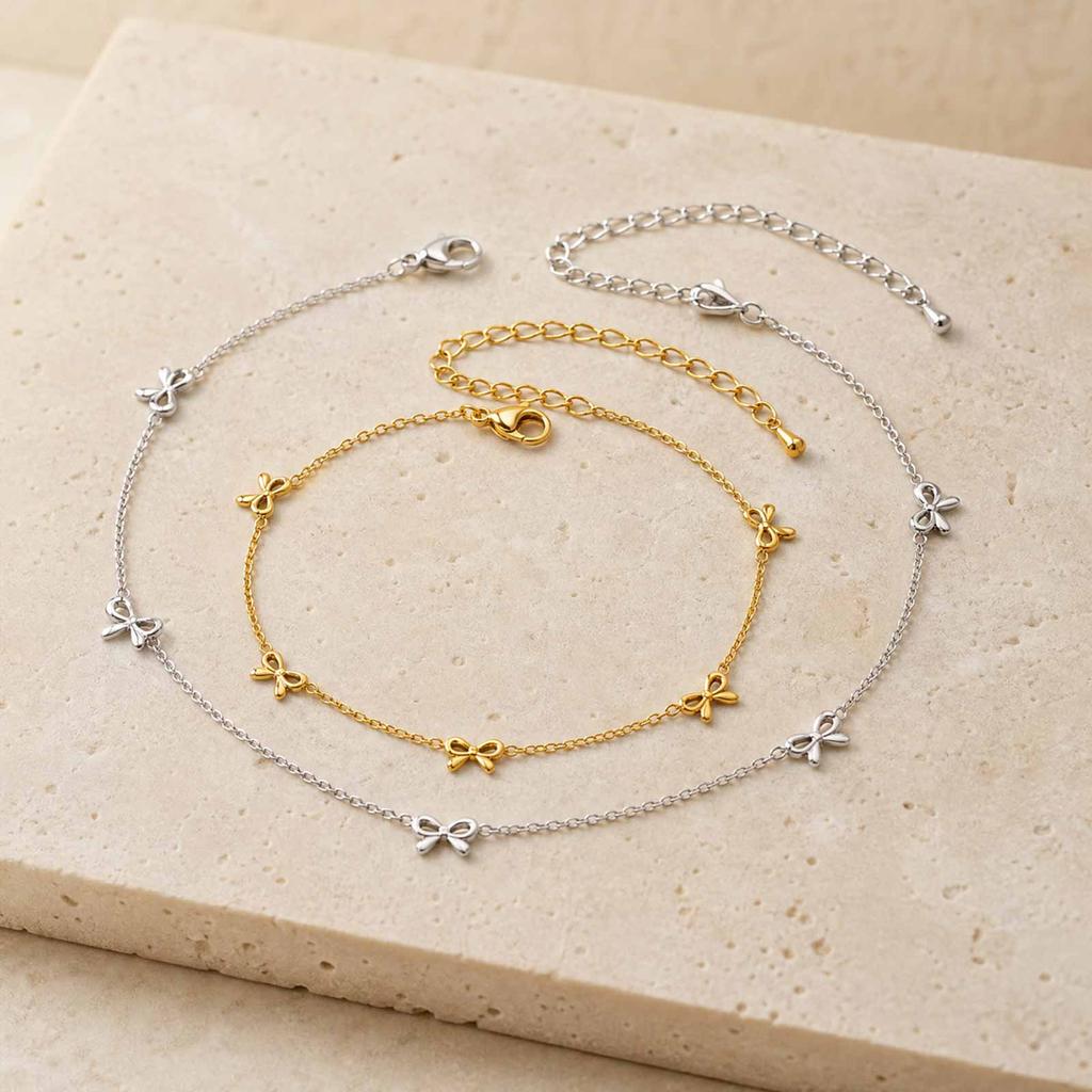 Bowknot Link Chain Anklet for Women, 18K Gold Plated Stainless Steel, Waterproof Anti-Tarnish Summer Beach Jewelry