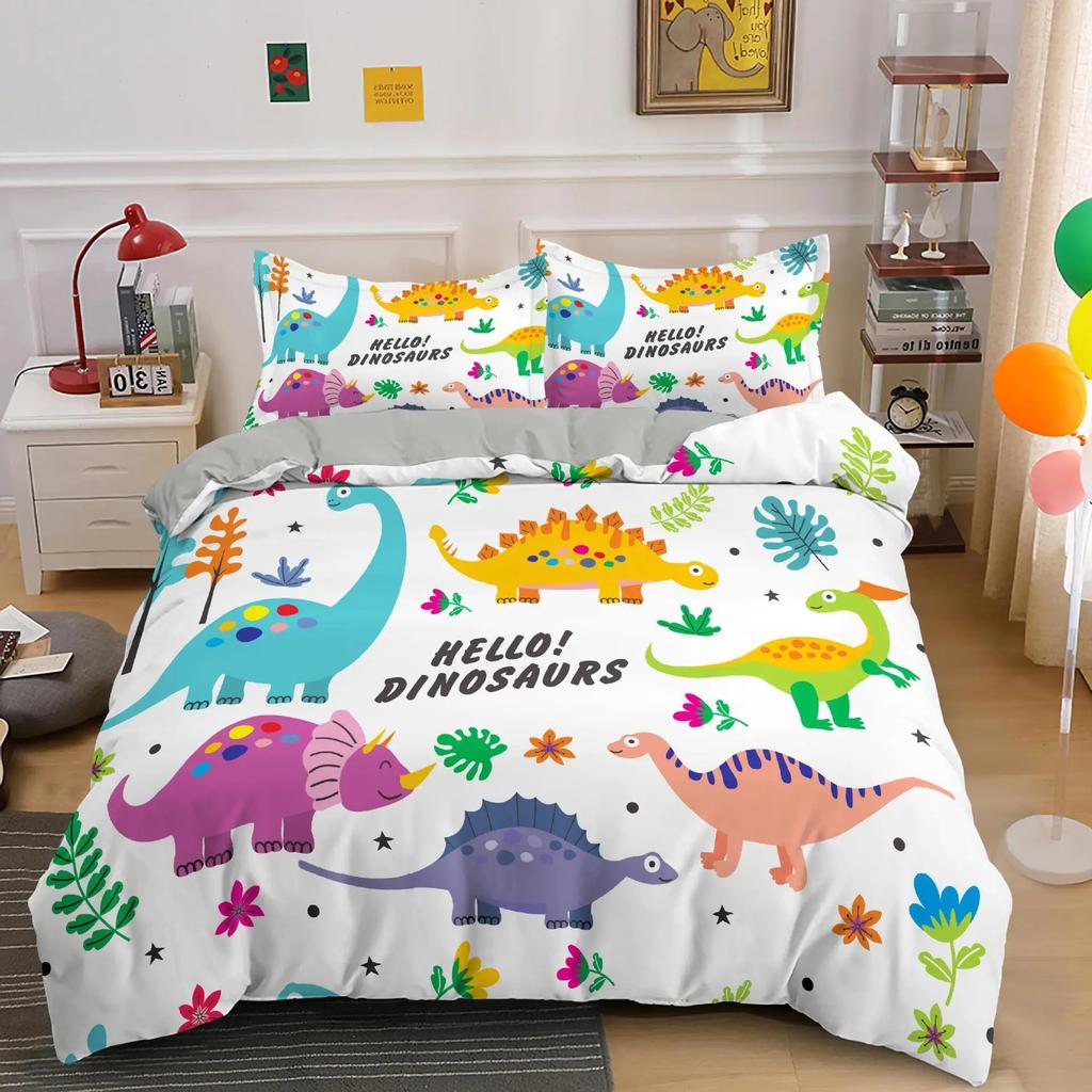 Niedlicher Dinosaurier Bettbezug Kinder 3D Cartoon Tier Bettwäsche Set Full/Queen Mikrofaser Bettdeckenbezug für Jungen Mädchen Kinder Schlafzimmer Dekor