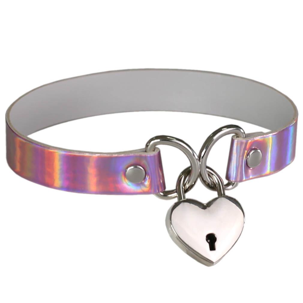 Laser Glow Heart Lock Choker, Punk Luminous Concentric Heart Lock Neckband