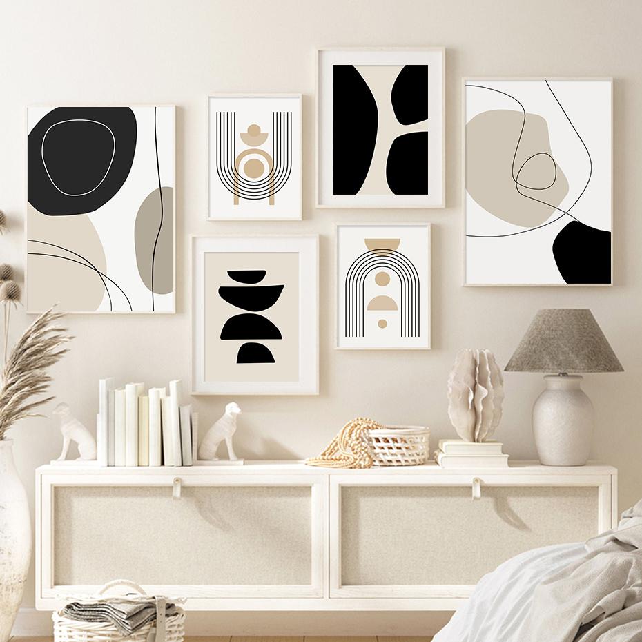 Boho Abstract Geometric Line Black Beige Wall Art Posters Canvas Painting Print Picture for Living Room Interior Home Decoration