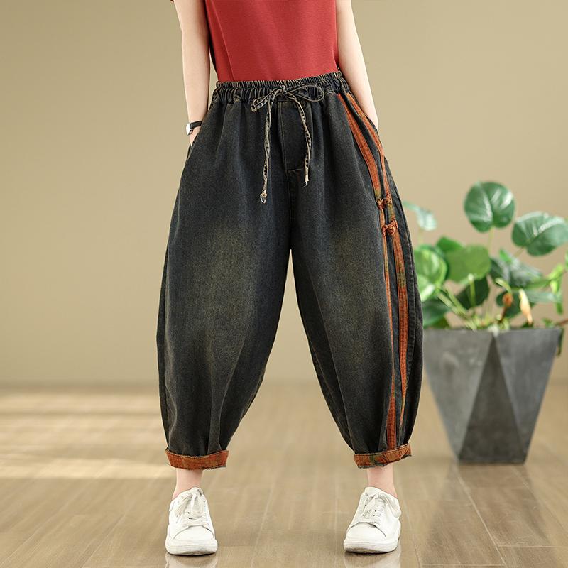 

DIMANAF 2025 Большие размеры Женские весенние джинсы Повседневные синие Базовые эластичные брюки с высокой талией Свободные шаровары XL чёрный