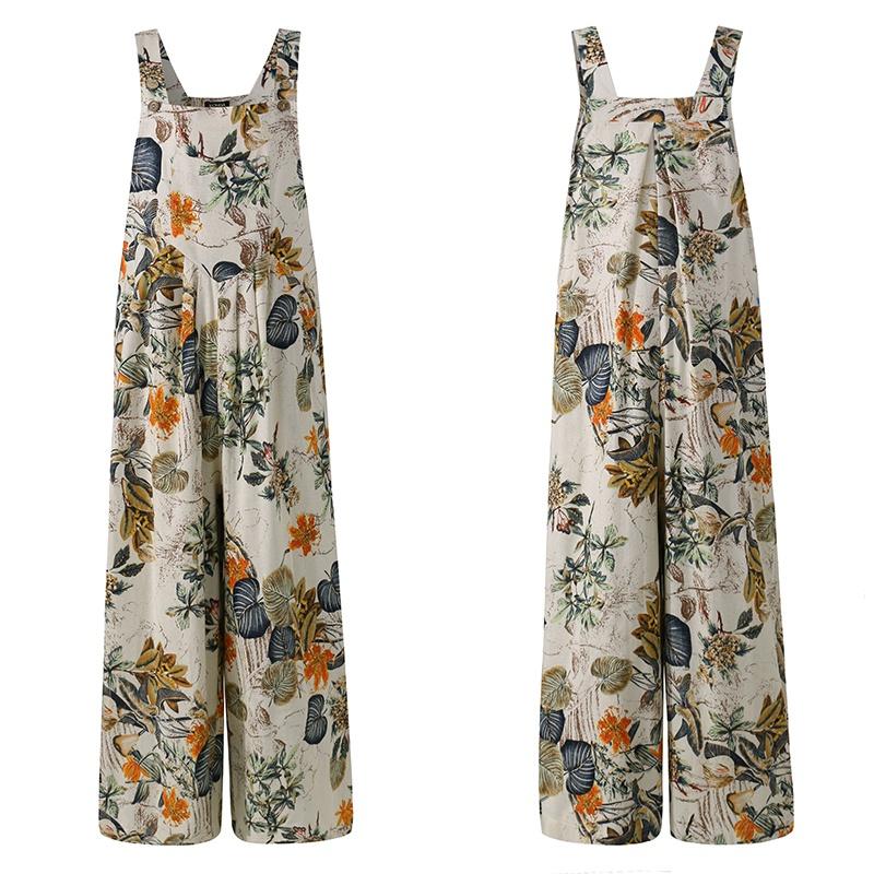 Women Sleeveless Floral Printed Jumpsuit Rompers Wide Leg Bib Pants Long Trousers Suspenders Overalls Pantalon Femme