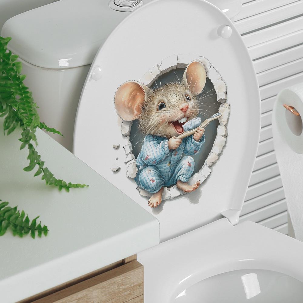 Cartoon Mouse Brushing Teeth Wall Sticker Self-Adhesive Removable Waterproof for Bathroom Kids Room Home Decor Art