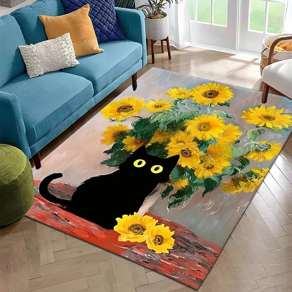 3D Black Cat K-Klimt Garden Flowers Carpet Rug for Art Living Room Decor Sofa Home Gifts Kids Game Area Rug Non-slip Floor Mat