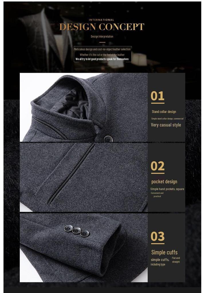 Men's Stand Collar Cotton-Padded Wool Coat – Non-Iron, Fashionable Business Outerwear