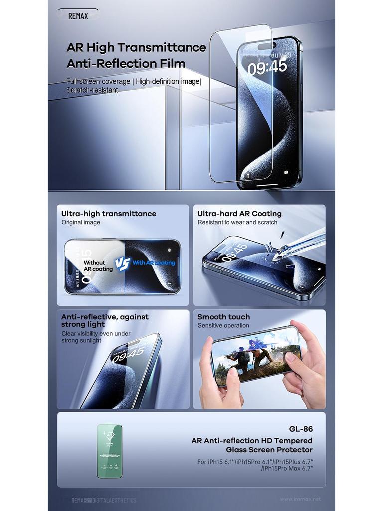 REMAX AR Entspiegeltes HD Panzerglas für iPhone 15 - Kratz- & Sturzsicherer Telefonschutz