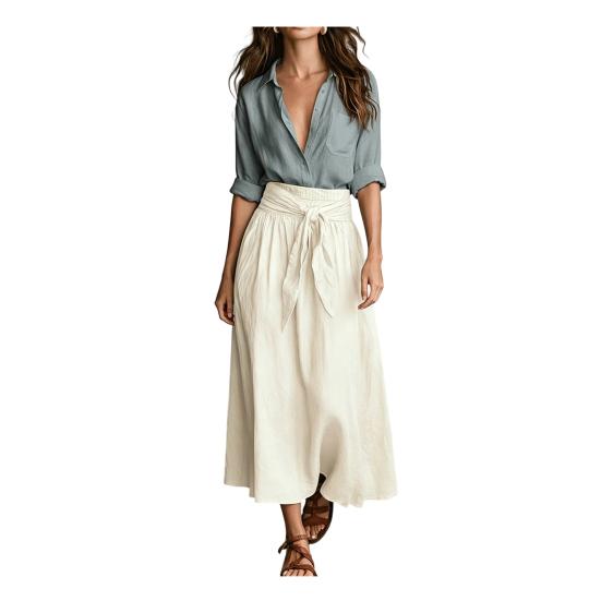Damen 2-teiliges Maxiröck-Set Langarm-Hemd mit Knöpfen und Rock mit hoher Taille Passende Outfits Sommerurlaub Lounge-Sets