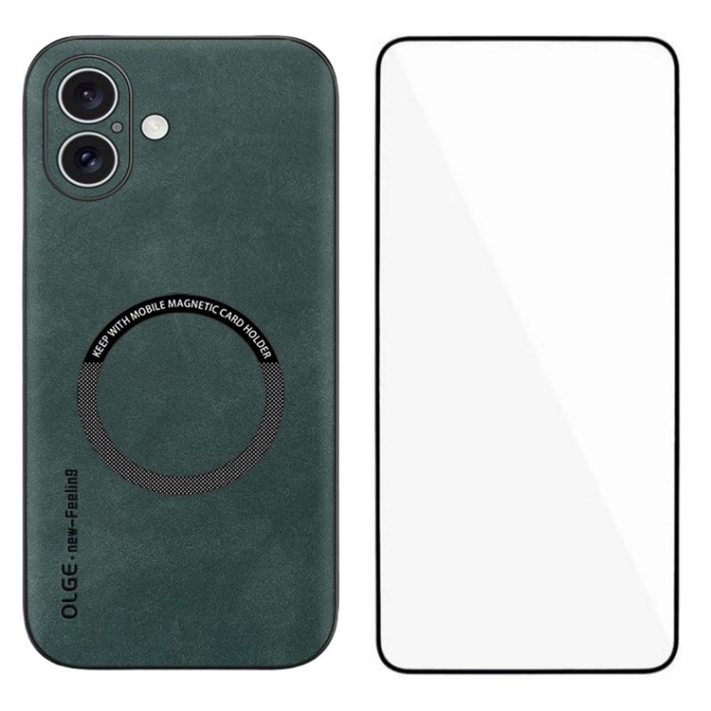 

WANLONFENG YBP Series For iPhone 16 Magnetic Case with Tempered Glass Film PU Leather+TPU Phone Cover Precise Cutouts Green