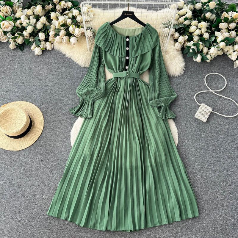 Summer new waist slim lapel pleated dress socialite temperament ruffle edge long sleeves big swing long dress tide