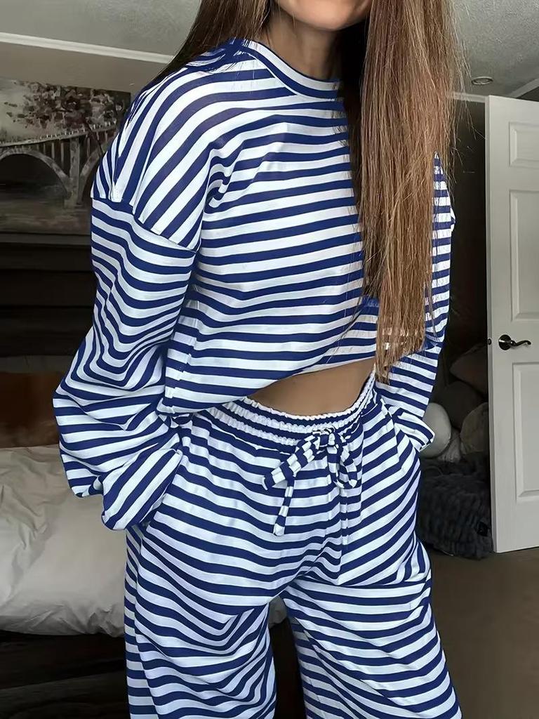 European-American Women's Striped Long Sleeve Top & High Waist Pants Set - Autumn 2025 Fashion Casual Wear.