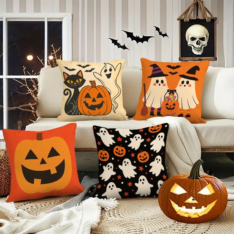 4pcs Halloween Pillow Covers with Printed Patterns of Cats, Bats & Ghosts, Soft Comfortable Square Throw Cover for Living Room Sofa Bedroom Car Office