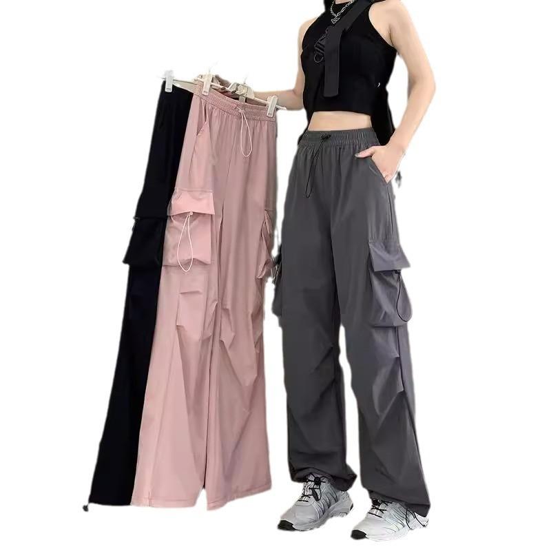 Overalls Women's Summer Beige Casual Pants Big Pockets Loose Quick-Drying Parachute Sweatpants