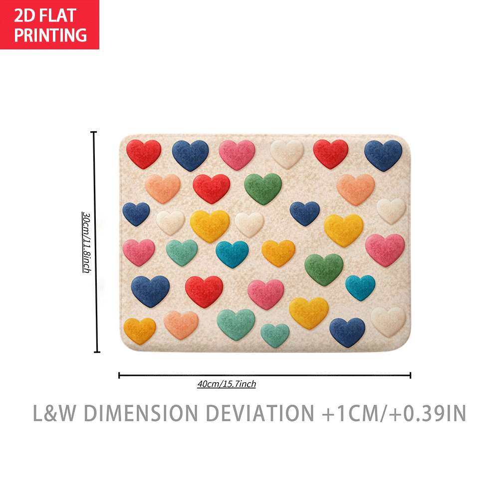 2D Flat Multicolor Hearts Pattern Cute Flannel Bath Mat Non Slip Love Theme Rug For Bathroom Kids Room Floor Decor
