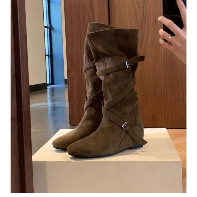 Leather Version~ Retro Suede Crossed with Flat Bottom Pleated Stacking Boots Women's Big Tube Circumference Thin Inner Height Increase Medium
